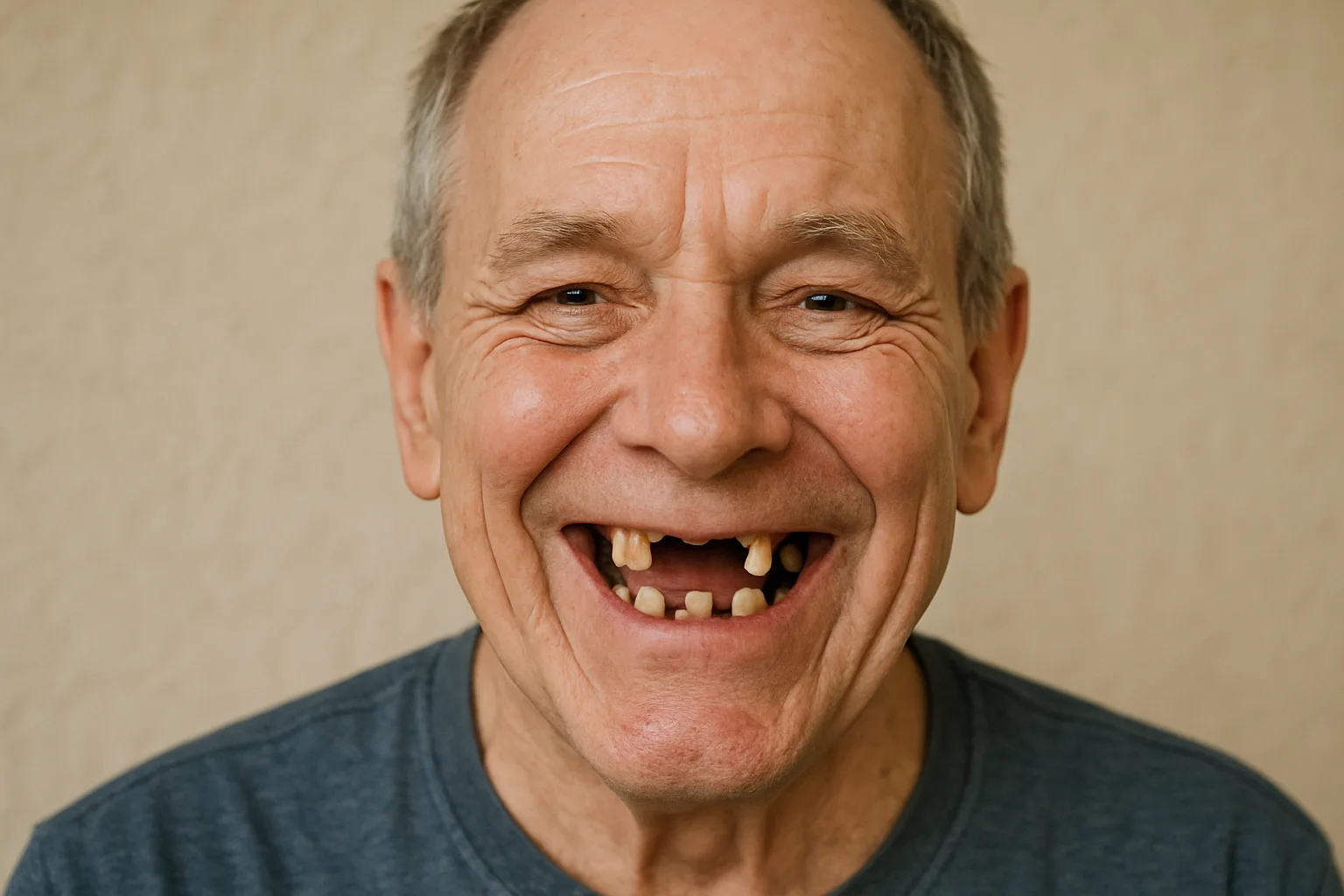 Elderly man showing damaged teeth before full mouth rehabilitation treatment