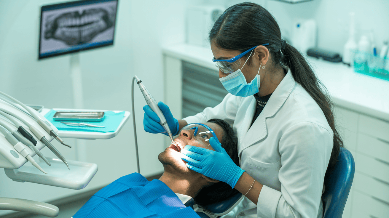 Dentist performing a deep cleaning procedure on a patient, highlighting the deep cleaning benefits for gums during the monsoon season.