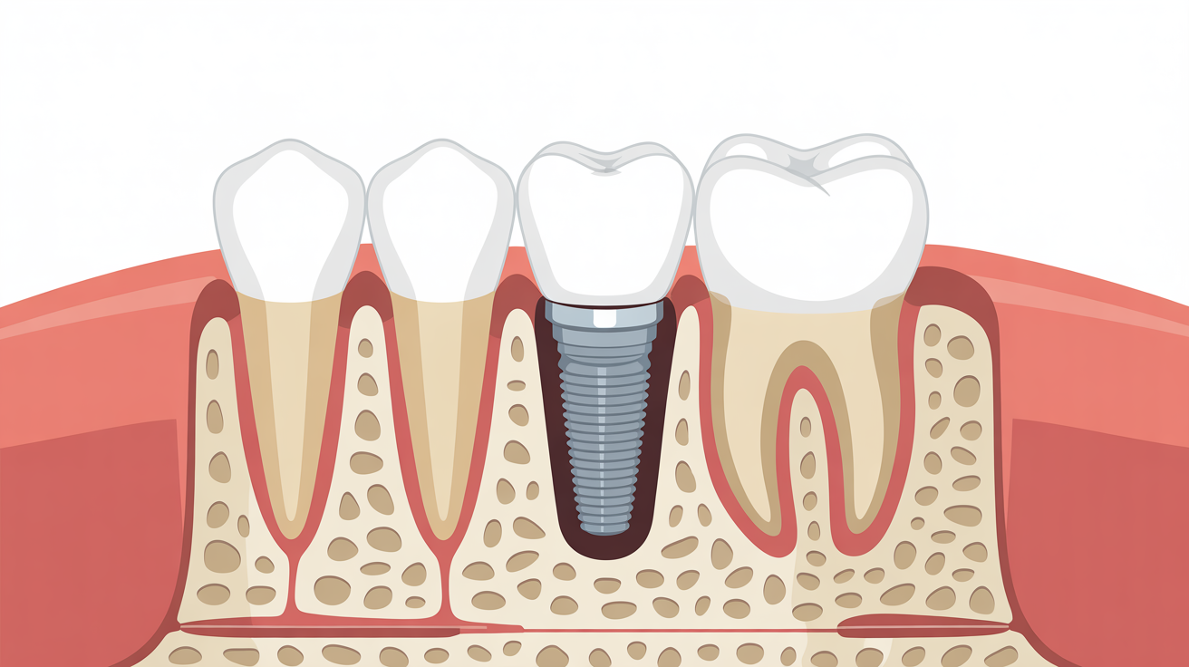 Illustration showing a dental implant placed between natural teeth, explaining the dental implants step by step process for smile restoration.
