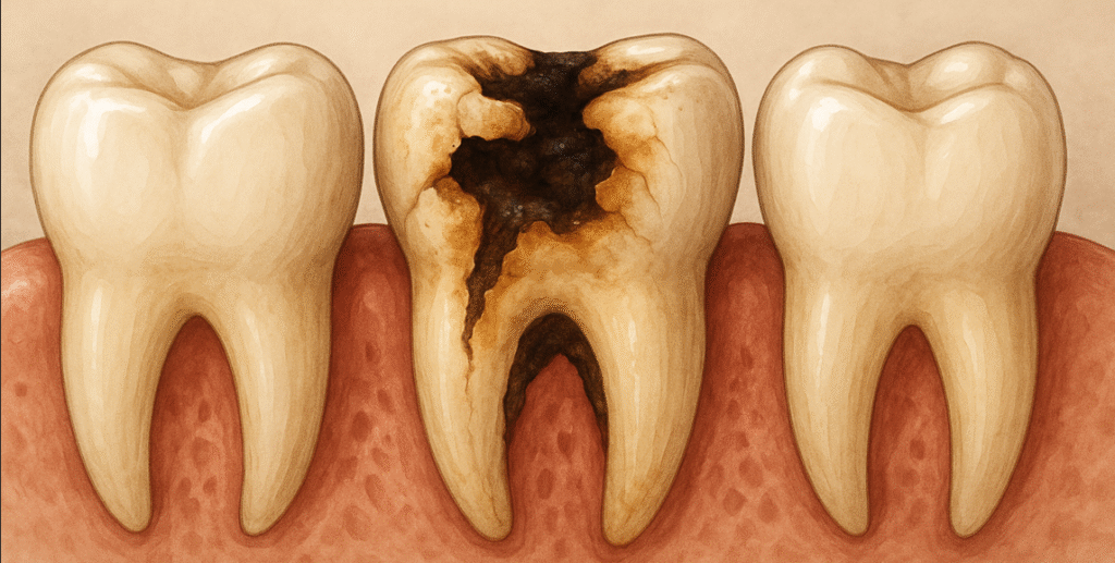 Tooth decay during monsoon season due to poor oral hygiene and humidity