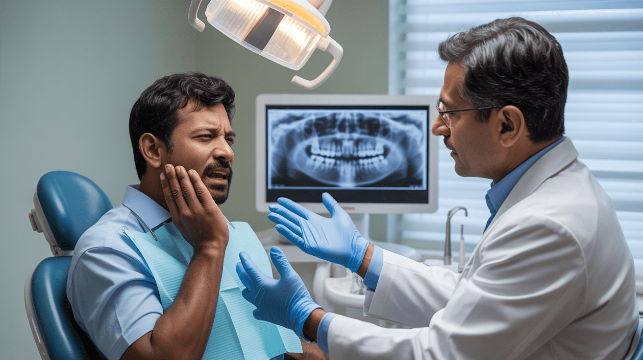 A dentist examining a male patient experiencing tooth sensitivity during monsoon, with a dental X-ray visible in the background.