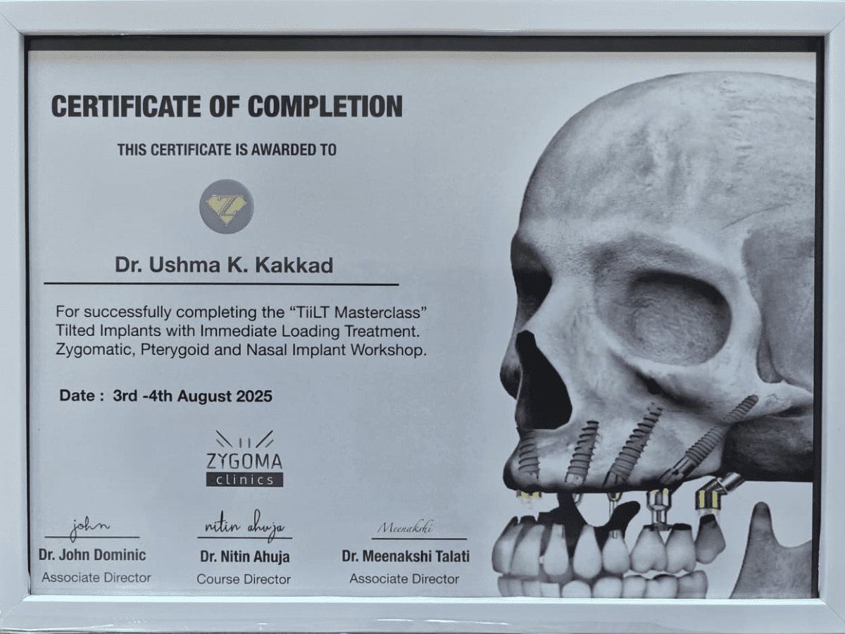 THIS CERTIFICATE IS AWARDED TO Dr. Ushma K. Kakkad For successfully completing the “TiiLT Masterclass” Tilted Implants with Immediate Loading Treatment.