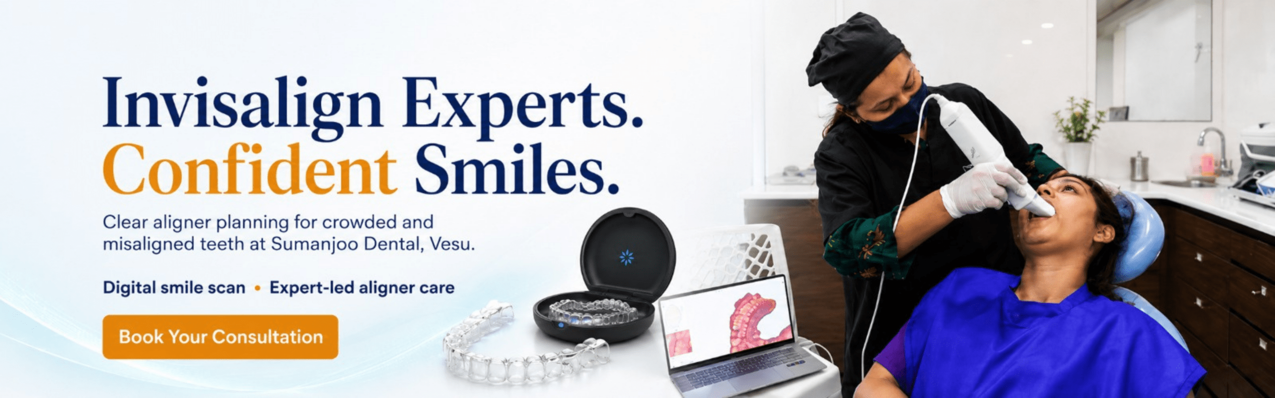 Invisalign clear aligner treatment with digital smile scan at Summirow Dental, Vesu, Surat